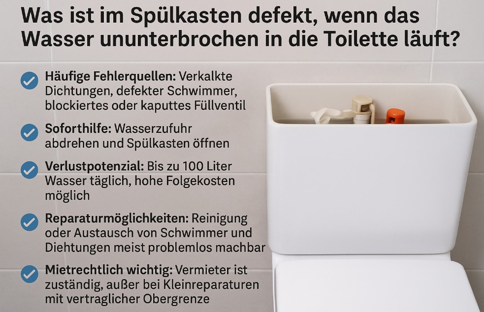 Was ist im Spülkasten defekt, wenn das Wasser ununterbrochen in die Toilette läuft?