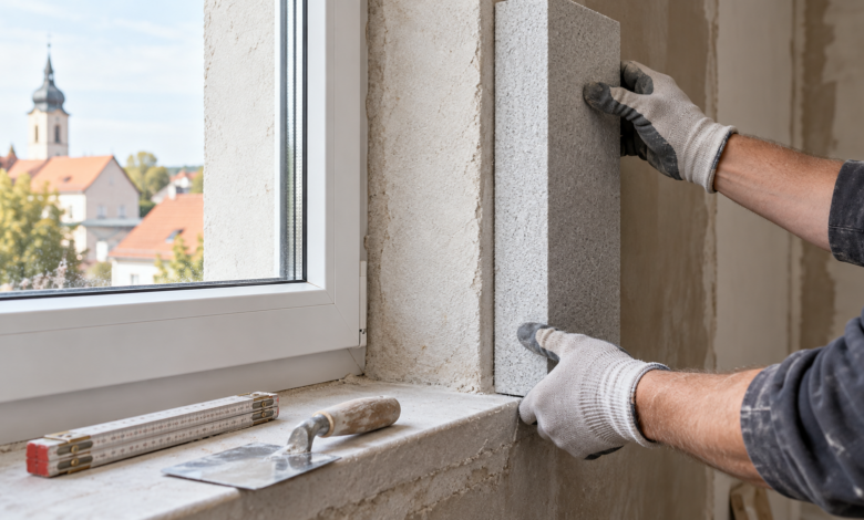KI-Illustration: Mineralische Dämmplatte wird vor der Montage an einer inneren Fensterlaibung geprüft [Bildinhalt mit KI erstellt]