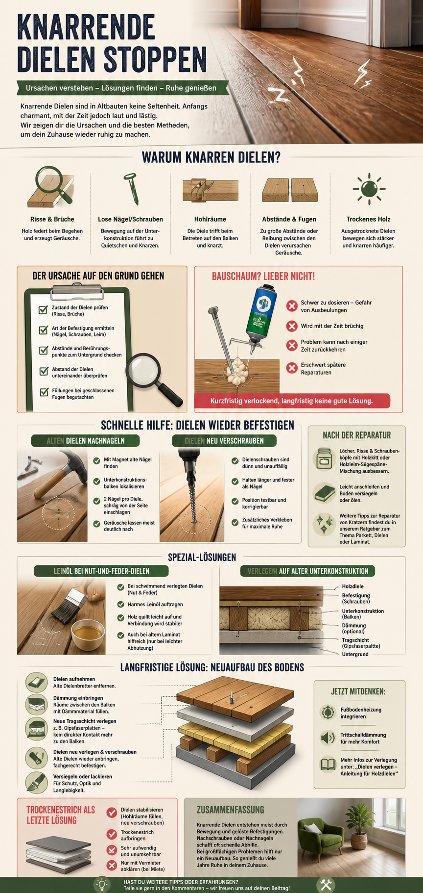 Knarrende Dielen stoppen Infografik
