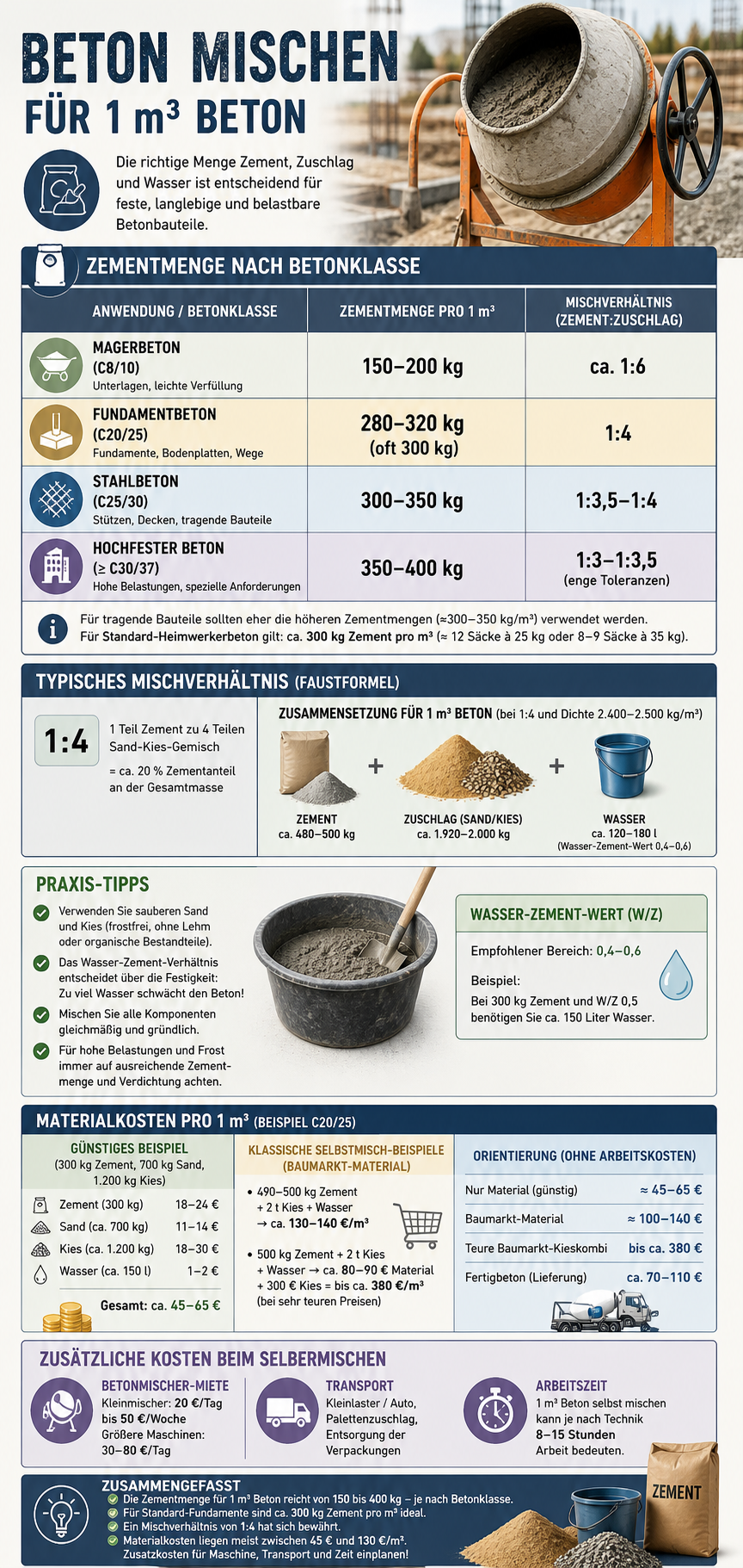 Menge Zement für Beton Infografik