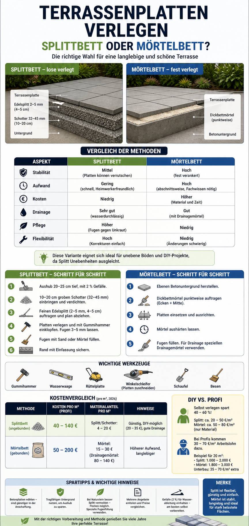 Split oder Mörtel für Terrasse Infografik