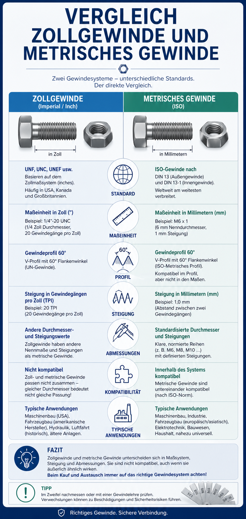Vergleich Zollgewinde und metrisches Gewinde Infografik