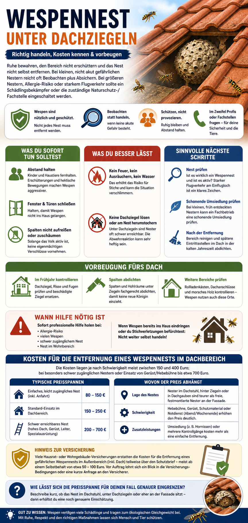 Wespennest unter Dachziegeln Infografik