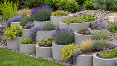 Runde Betonringe im Garten mit Lavendel, Hauswurz, Sedum und Polsterpflanzen bepflanzt