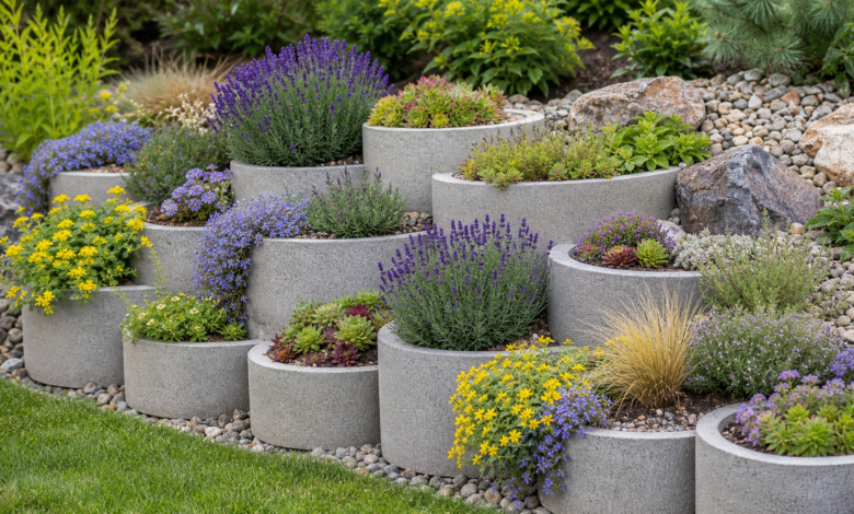 Runde Betonringe im Garten mit Lavendel, Hauswurz, Sedum und Polsterpflanzen bepflanzt