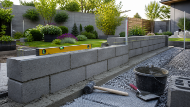 Betonsteine mauern für eine Gartenmauer mit Wasserwaage, Richtschnur und Mörtel