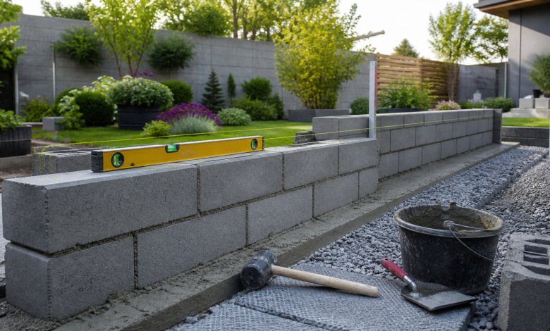 Betonsteine mauern für eine Gartenmauer mit Wasserwaage, Richtschnur und Mörtel