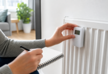 Person liest einen elektronischen Heizungszähler an einem weißen Heizkörper ab