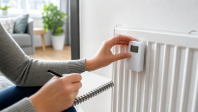 Person liest einen elektronischen Heizungszähler an einem weißen Heizkörper ab