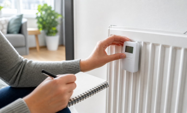 Person liest einen elektronischen Heizungszähler an einem weißen Heizkörper ab [Bildinhalt mit KI erstellt]
