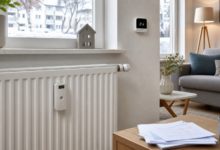 Moderner Heizkostenverteiler am Heizkörper mit smartem Thermostat in einer Wohnung