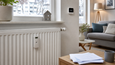 Moderner Heizkostenverteiler am Heizkörper mit smartem Thermostat in einer Wohnung
