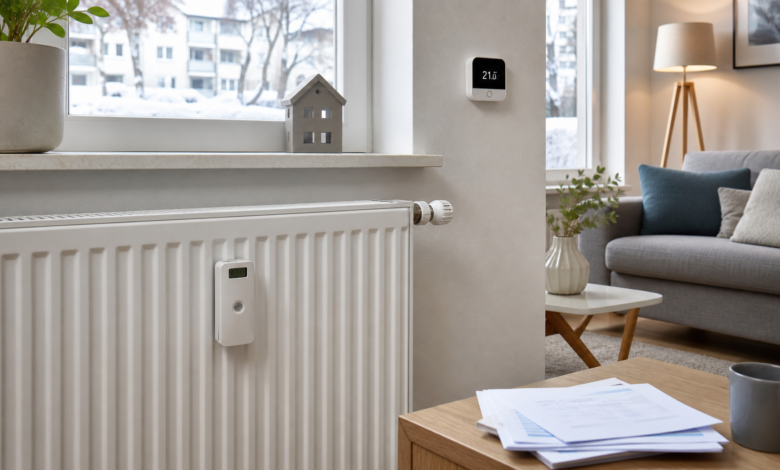 Moderner Heizkostenverteiler am Heizkörper mit smartem Thermostat in einer Wohnung