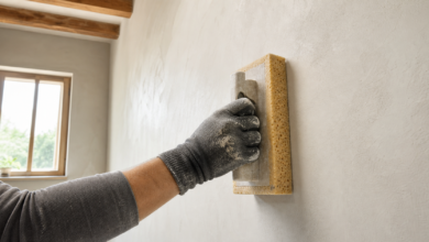 Handwerker filzt Kalkputz mit einem feuchten Schwammbrett auf einer frisch verputzten Innenwand