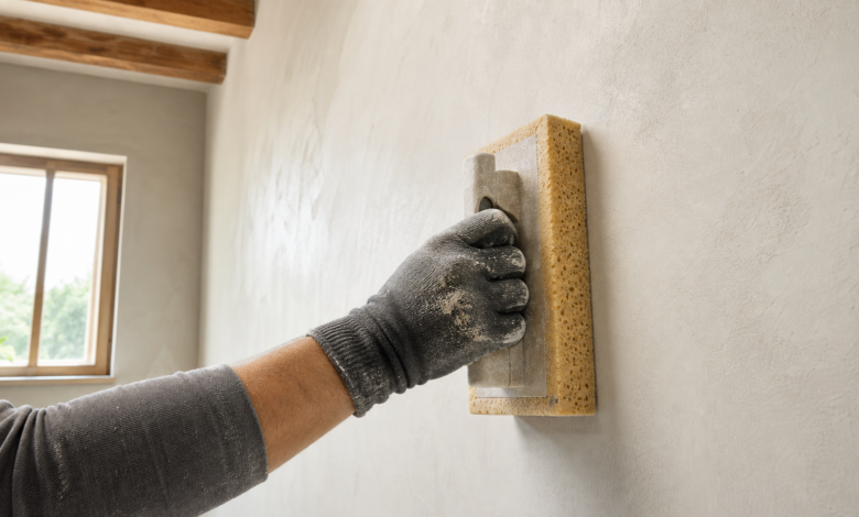 Handwerker filzt Kalkputz mit einem feuchten Schwammbrett auf einer frisch verputzten Innenwand