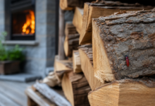Roter Käfer auf Brennholz im Holzstapel