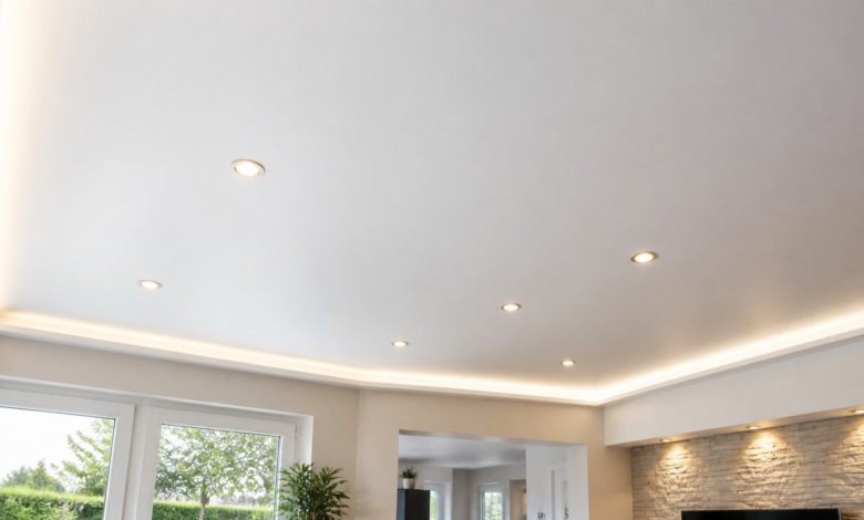 Moderne weiße Spanndecke mit integrierten LED-Spots und indirekter Beleuchtung [Bildinhalt mit KI erstellt]