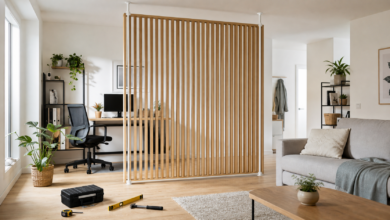 Moderne Trennwand ohne Bohren als Raumteiler in einer hellen Wohnung