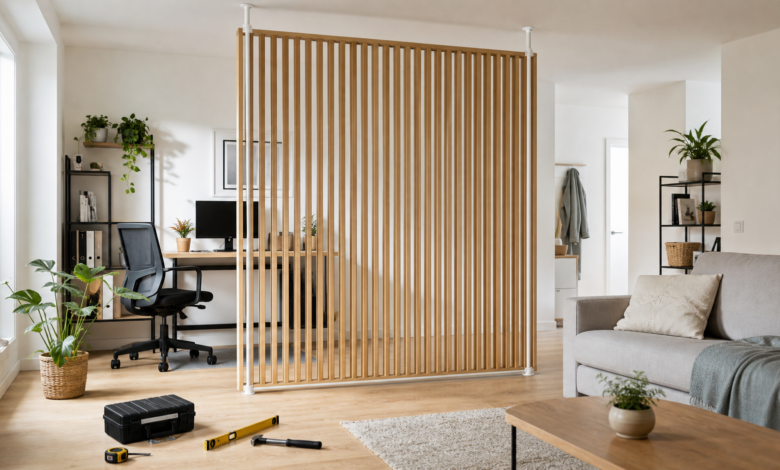Moderne Trennwand ohne Bohren als Raumteiler in einer hellen Wohnung
