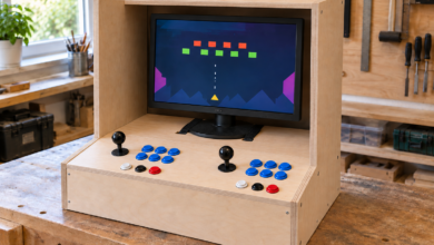 Fotorealistische KI-Illustration eines Arcade-Tischautomaten mit zwei Spielerplätzen und Monitor auf Standfuß [Bildinhalt mit KI erstellt]