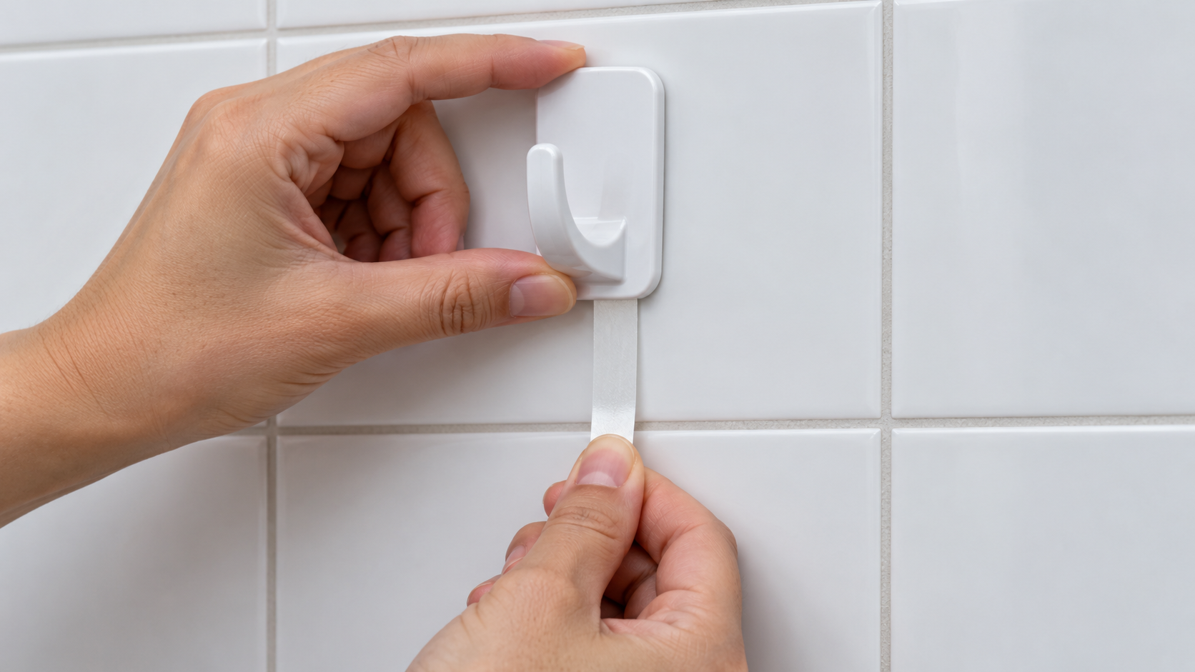 Bei dafür vorgesehenen Klebestreifen erfolgt das Ablösen langsam parallel zur Wand. Maßgeblich ist die Anleitung des konkreten Systems. [Bildinhalt mit KI erstellt]